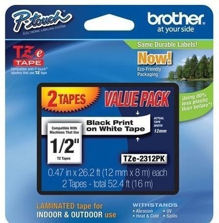 2 BROTHER P TOUCH LAMINATED BLACK ON WHITE 1/2&#034; TAPES  NEW IN PACK