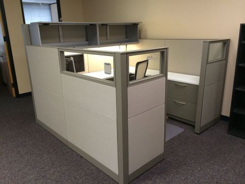 (4) steelcase answer office cubicle modular stations w/ (4) haworth zody chairs for sale