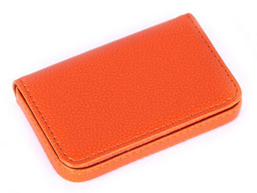 Gift Womens Business Name Card Holder Leather Pocket Wallet Box Case Orange