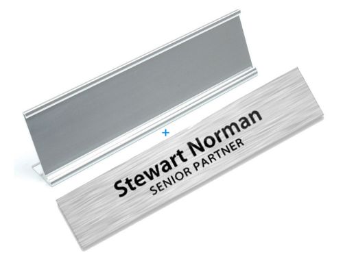 New Custom Brushed SILVER Office Desk Name Plate + Plate Holder 2&#034; x 8&#034; size - 1