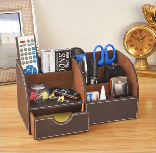 Multi-function Leather Stationery Pen Pencil Desk Organizer Brown Free Shipping