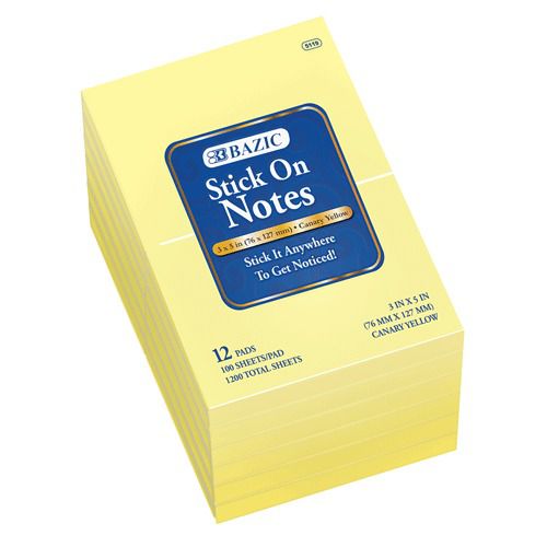 BAZIC 100 Ct. 3&#034; X 5&#034; Yellow Stick On Notes (12/Shrink), Case of 12
