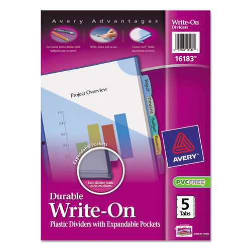 Multicolor Write-On Dividers, Exp. Pocket, 5-Tab, 11 x 8-1/2, 1 Set