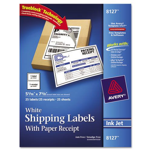 Shipping labels with paper receipt, 5 1/16 x 7 5/8, white, 25/pack for sale