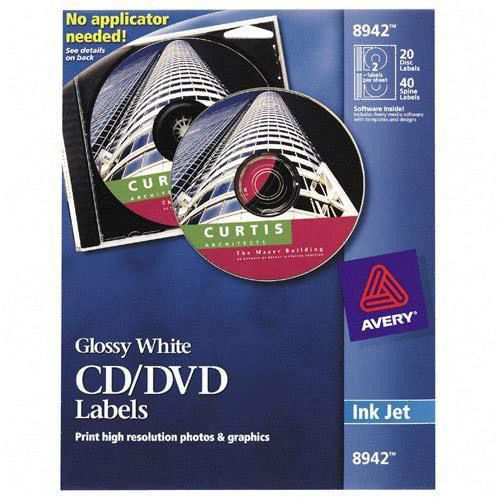Avery CD Labels, Inkjet Glossy, 20 per Pack, White. Sold as Pack of 20