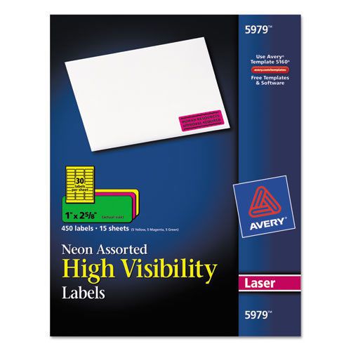 High-Visibility Laser Labels, 1 x 2-5/8, Assorted Neons, 450/Pack