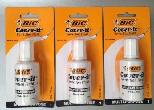 LOT of 3 BIC COVER-IT WHITE OUT MULTI-PURPOSE CORRECTION FLUID 20ml/0.7 fl. oz.