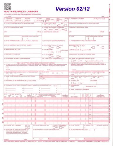 250 - CMS 1500 / HCFA 1500 NEW VERSION 02/12 2 part claim forms - FREE SHIPPING