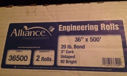 Lot (2) Alliance Untaped 20 lb. Bond Engineering Rolls 36&#034; x 500 ft.  3&#034; Core