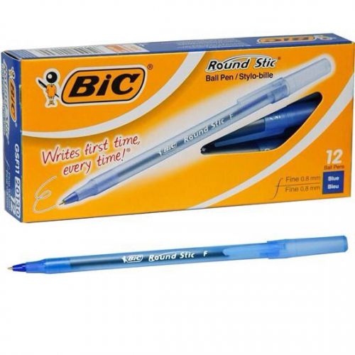 Bic Round Stic Ball Pen Fine Point 0.8 mm Blue Ink, Box Of 12 (GSF11 20130)