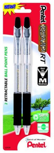 R.S.V.P. RT New Retractable Ball Point Pen Medium Line Black Ink 2 Pack Carded