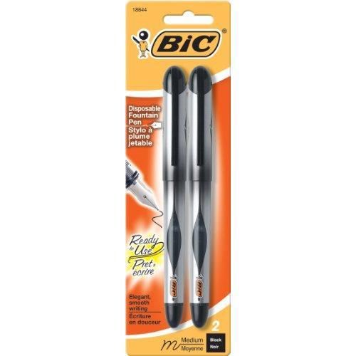 BIC Disposable Fountain Pen, 2 Pack, Medium Point, Black Ink (FPDP21 BLACK) New