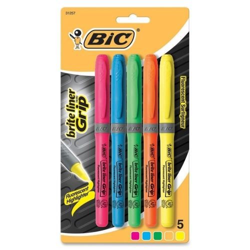 BIC Brite Liner Grip Highlighters -Chisel Point Style -Assorted Ink - 5/Set