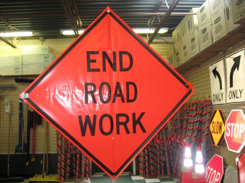 End Road Work Sign Fluorescent Vinyl With Ribs 48&#034;x48&#034; Roll Up Sign