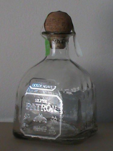 Silver Patron Tequila 750 ml empty clear glass bottle collectible cork green