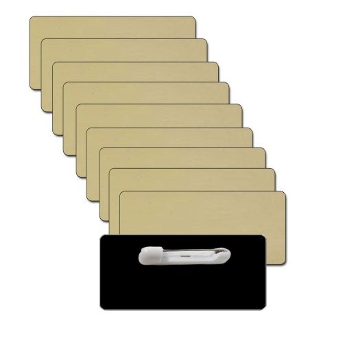 10 BLANK 1 1/2 X 3 GOLD NAME BADGES TAGS 1/8&#034; CORNERS AND SAFETY PIN FASTENERS