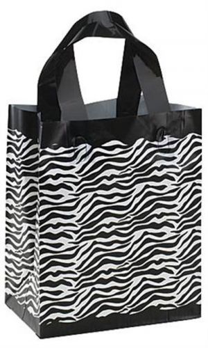 100 Medium Frosted Plastic Zebra Print Shopping Bags 8&#034; x 5&#034; x 10&#034; (Cub)