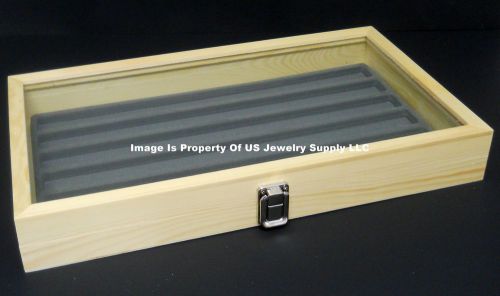 12 Natural Wood Glass Top Lid Grey 6 Slot Jewelry Organizer Display Cases