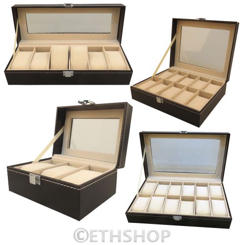 Leather Grid Watch Case Organiser Bracelet Jewelry Storage Pillows Box Glass Top