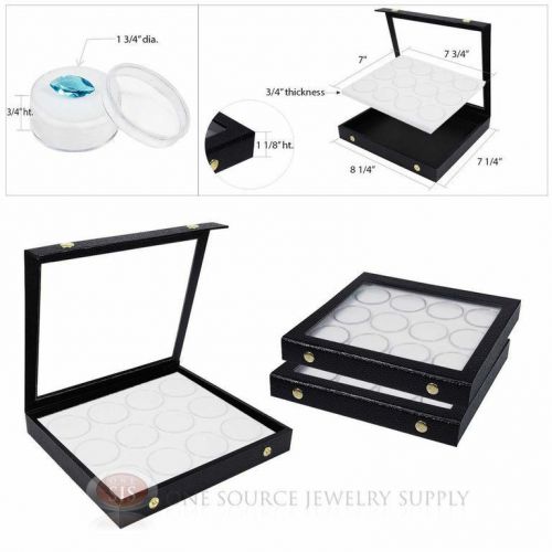 (3) white 12 gem jar inserts w/ snap acrylic display cases gemstone jewelry for sale