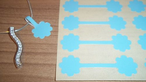 300 16 x 54mm POWDER BLUE FLOWER SHAPED Jewellery Price Stickers Tag Dumbell