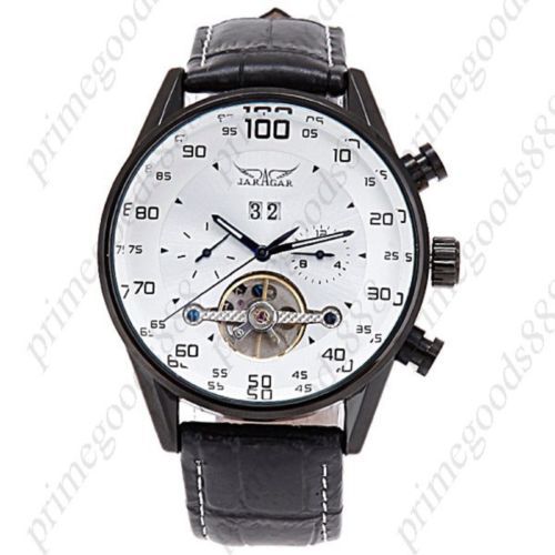 Round Unisex Black Genuine Leather Automatic Mechanical Date Wristwatch White