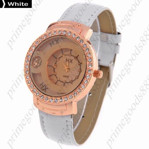3d rhinestones pu leather lady ladies wrist quartz wristwatch women&#039;s white for sale