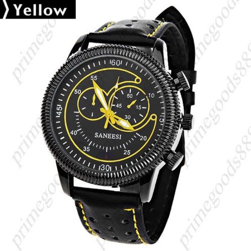 PU Leather Round Case Quartz Wrist Men&#039;s Free Shipping Wristwatch Black Yellow