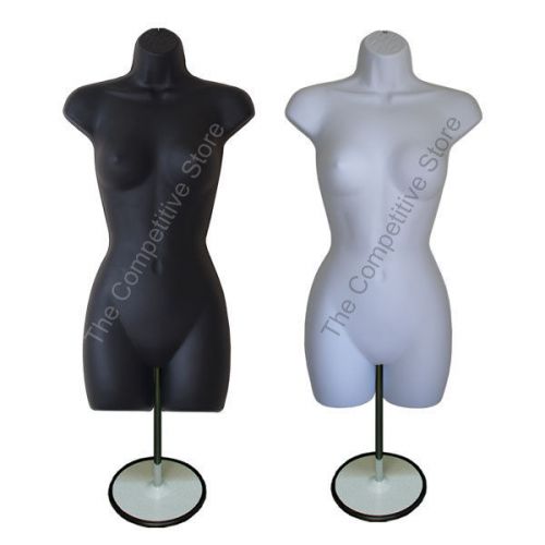 2 pcs. black + white female mannequin dress forms (hip long) w/ base s-m sizes for sale