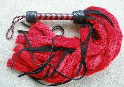 Black and RED FUR Leather MOP Flogger - GREAT HORSE &amp; LIVESTOCK TRAINING TOOL