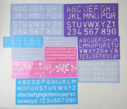 LOT OF 11 PLASTIC STENCILS, NUMBERS, LETTERS, FLOWER, CAPITALS, LOWERCASE, TINY
