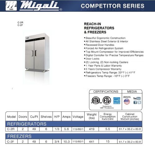 Migali Two Door Upright Reach-In Refrigerator C-2R - Free Shipping!!