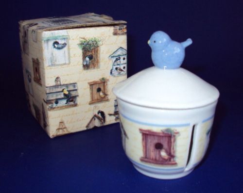 Ceramic Postage Stamp Dispenser Holder  Blue Bird on House