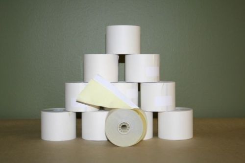 (50) 2 1/4 x 95 FT 2PLY CARBONLESS WHITE/CANARY PAPER ROLLS HYPERCOM T7P TRANZ