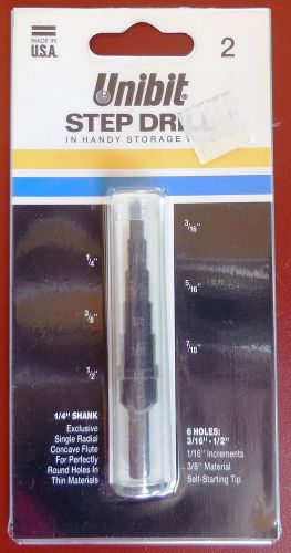 UNIBIT No. 2 Step Drill Bit, 6 Hole Sizes (3/16-1/2&#034;), 1/4&#034; Shank, NEW, USA