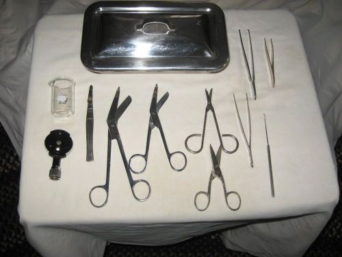 Vintage medical tray with lot of assorted instruments