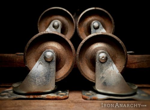 Vtg steel industrial casters, iron factory metal coffee table furniture wheels for sale