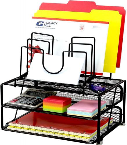 Double tray desk storage w letter &amp; file folder organizers mesh wire black new for sale