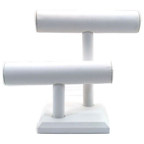 2 Tier Double T Bar White Faux Leather Jewelry Display