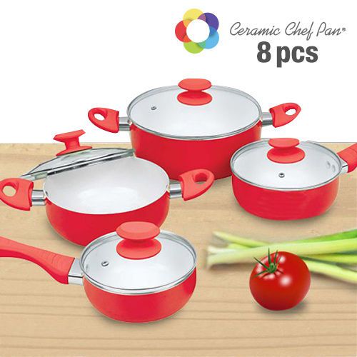 Ceramic chef pan cookware (8 pieces), red for sale