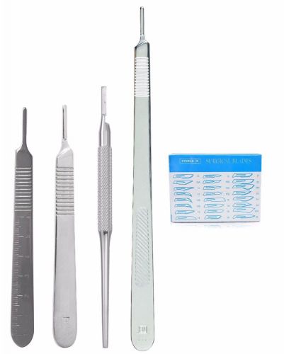 4 ASSORTED SCALPEL KNIFE HANDLE #3 + 100 SURGICAL STERILE DISSECTING BLADES #15C