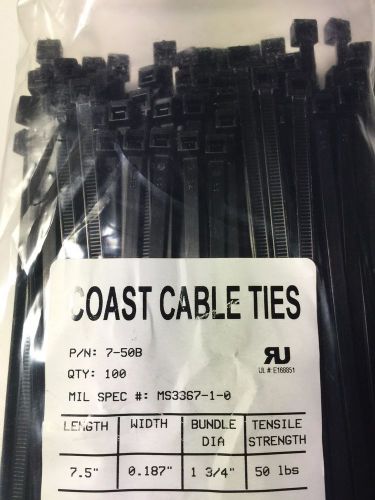 100 PCS 7.5&#034; inch 50 lbs. Black Cable Wire Zip Nylon Plastic Cord Ties  Wrap