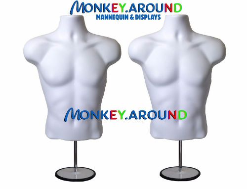 2 MALE MANNEQUIN WHITE DRESS BODY TORSO FORM +2 HANGER +2 STAND DISPLAY CLOTHING