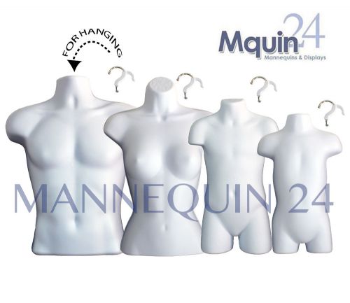 A SET OF 4 WHITE MANNEQUINS: MALE, FEMALE, CHILD &amp; TODDLER BODY FORMS w/HANGERS
