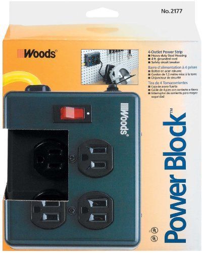 Woods 2177 4-Outlet Metal Power Block Adapter with Lighted Switch