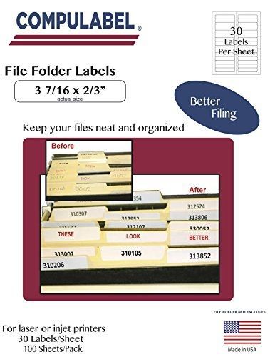 Compulabel White File Folder Labels for Laser and Inkjet Printers, 3 7/16 inch x