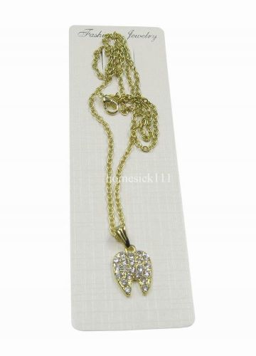 Dental Crystal Tooth Shaped Pendant With Chain Necklace Golden G031 hom