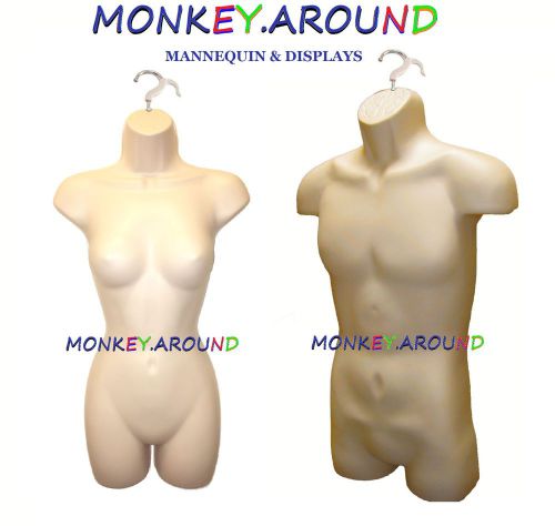 2 flesh mannequin torso body forms displays female male clothing w/hook hanging for sale
