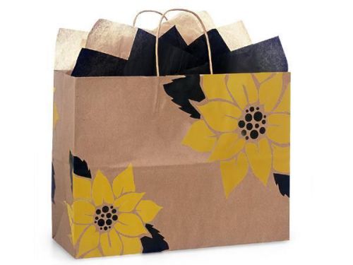 50 Large Shopping Wedding Gift Bags Sunflower Kraft Paper Merchandise Bag Floral