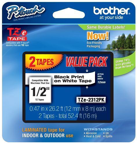 Brother laminated black on white tape 2pack (tze2312pk) for sale